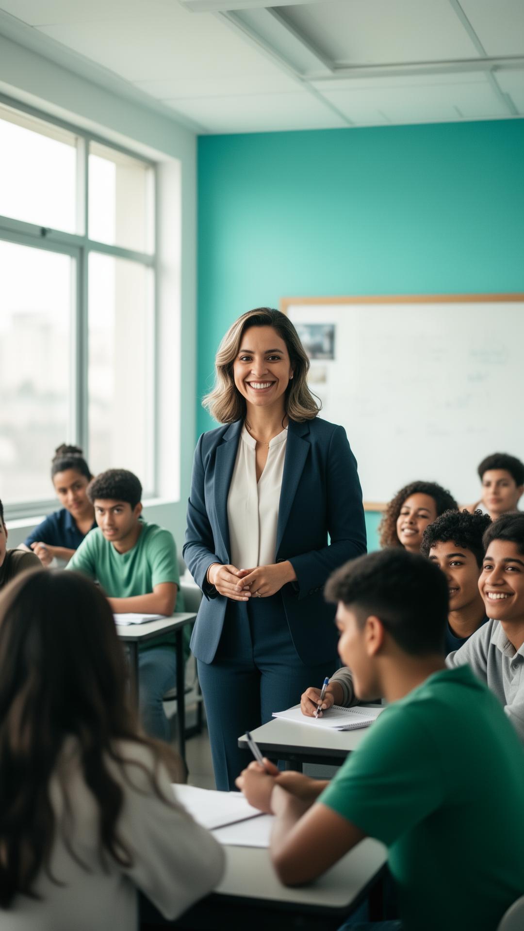 Professora sorrindo em sala de aula com alunos engajados